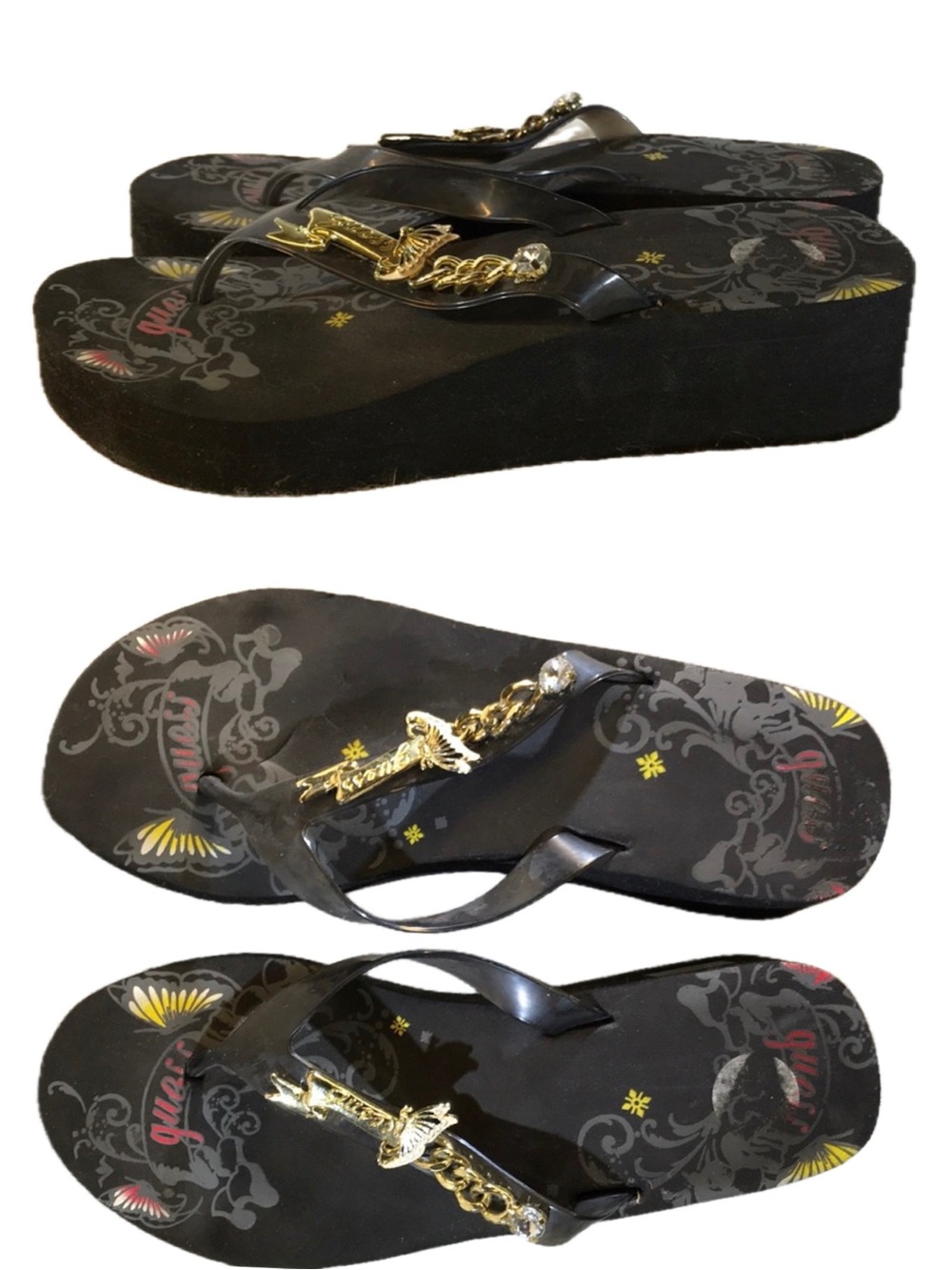 GUESS Black Women's Flip Flop Sandals with Gold Chain Accent Size 8